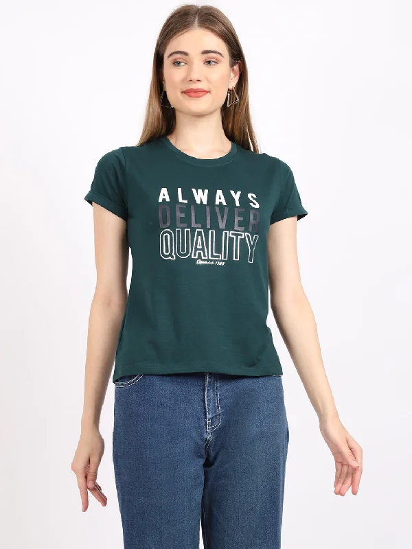 autumn blouses for women -Women's Casual Regular Short Sleeve Bottle Green Round neck Typographic Print T-Shirt