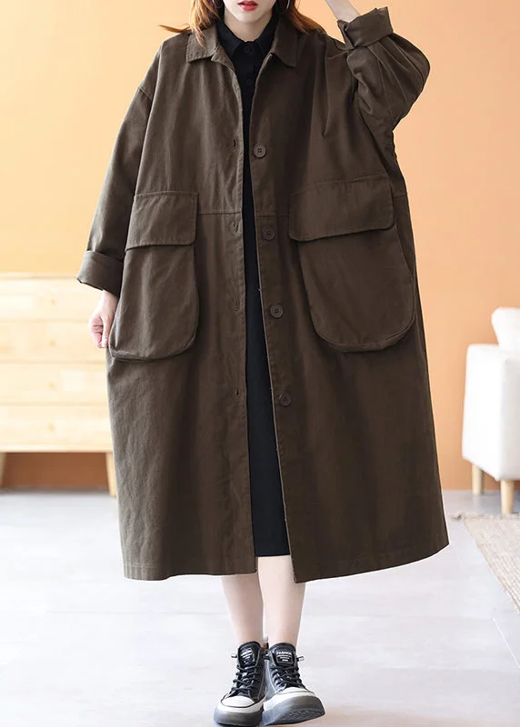 sporty windbreakers for women -Brown Peter Pan Collar Button Cotton Trench Coats Long Sleeve