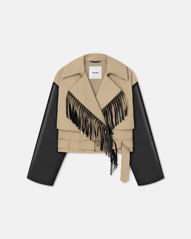 tailored coats for women -Kazia - Fringed Twill and Regenerated Leather Jacket - Beige/Black