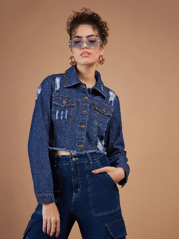 single-breasted coats for women -Women Navy Distressed Denim Crop Jacket