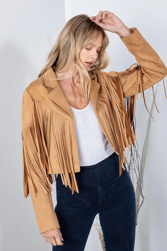 plus size coats for women -Camel Faux Leather Suede Fringe Cropped Western Boho Moto Jacket Women's