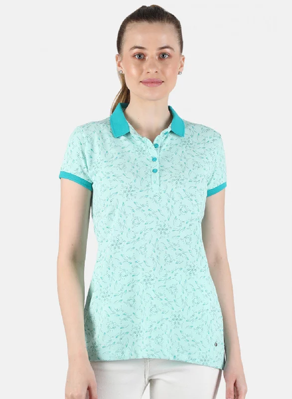 women's summer blouses -Women Aqua Blue Printed T-Shirt