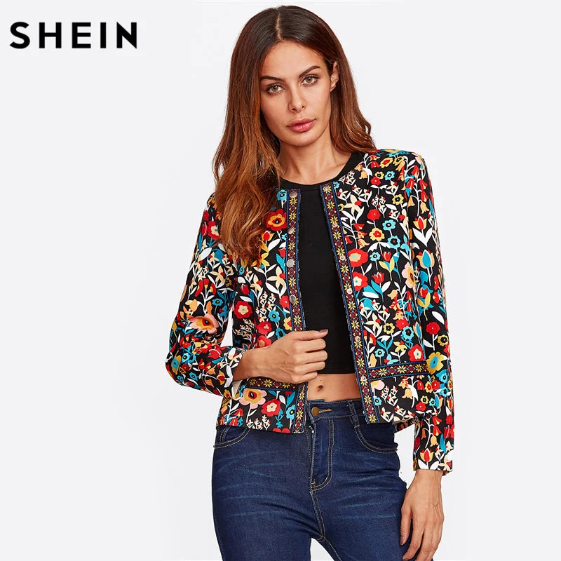 thick winter coats for women -SHEIN Press Button Placket Botanical Jacket Autumn Jacket for Women Multicolor Collarless Single Breasted Elegant Jacket