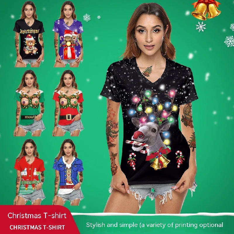 women's satin blouses -Women's Christmas Digital Printed V-neck T-shirt