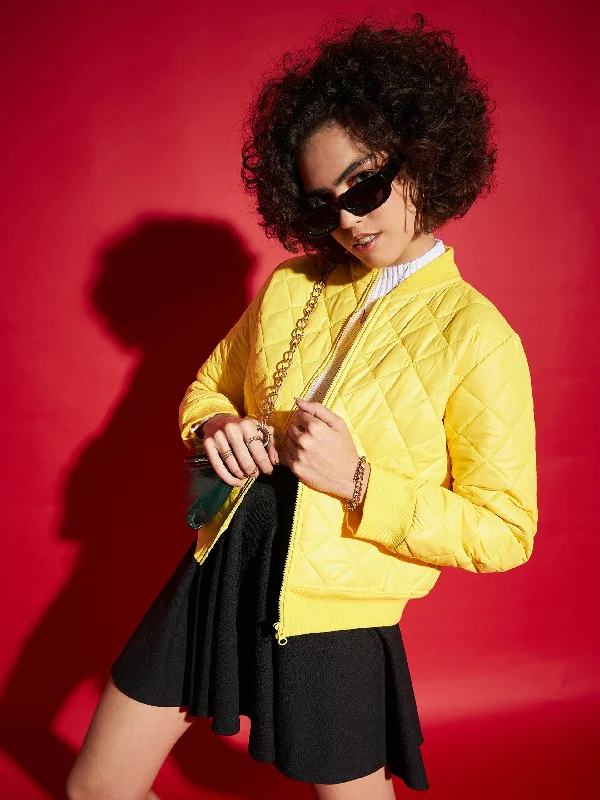 women's lightweight windbreakers -Women Yellow Diamond Quilted Bomber Jacket