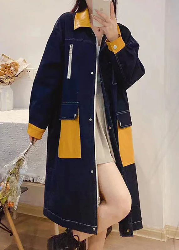 structured coats for women -Bohemian Denim Blue Peter Pan Collar Patchwork Zippered Button Linen Long Trench Coats Fall