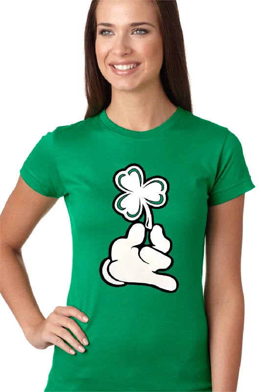 women's off-shoulder tops -St. Patrick's Day Cartoon Hand Holding Shamrock Girls T-shirt