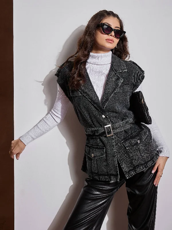 thick winter coats for women -Women Black Washed Pocket Detail Sleeveless Belted Jacket