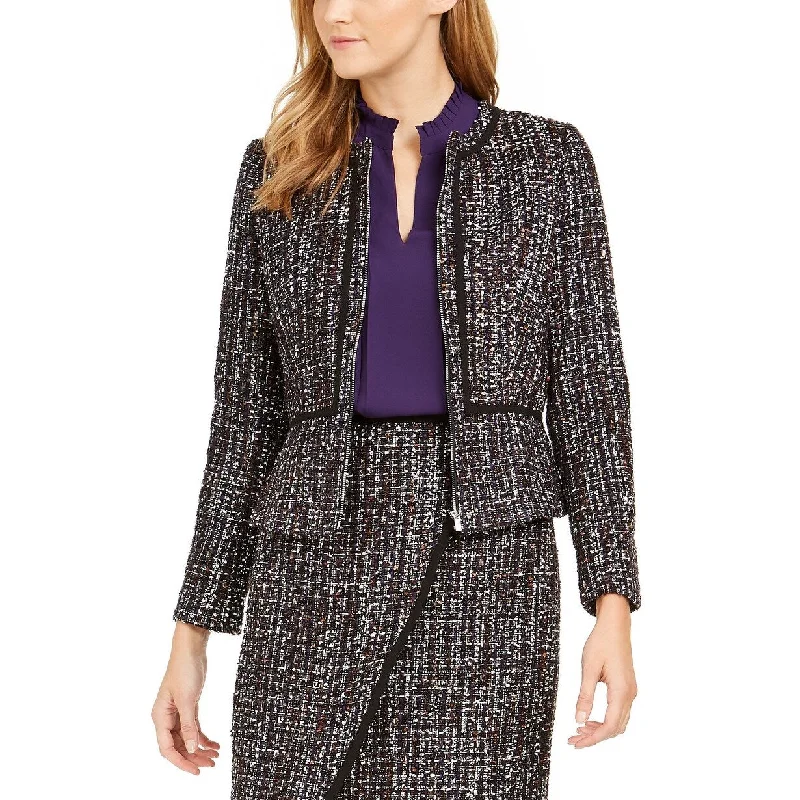 autumn jackets for women -Calvin Klein Women's Tweed Zip-Front Collarless Jacket Black Size 14