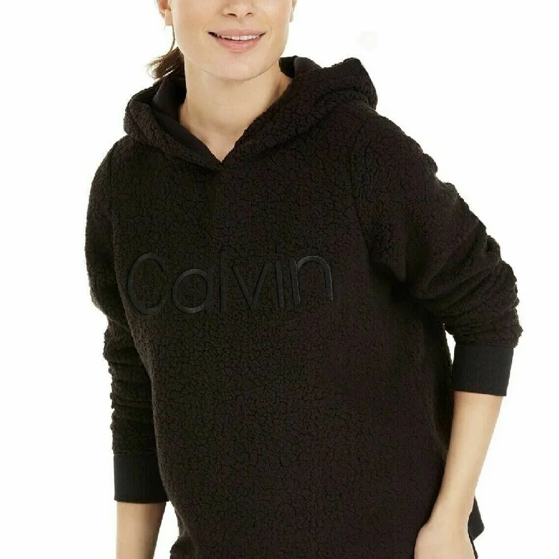 asymmetrical coats for women -Calvin Klein Women's Performance Logo Fleece Hoodie Black Size Medium