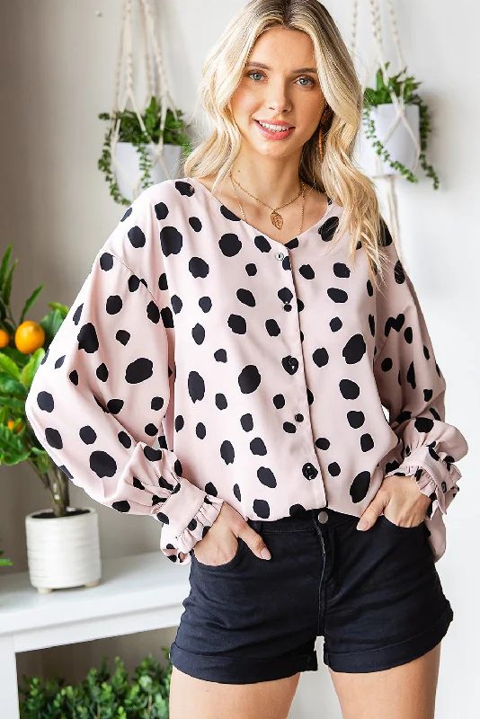 lightweight women's tops -Printed Button Up Flounce Sleeve Shirt