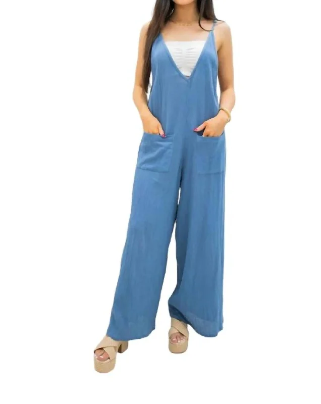 vintage style pants for women -V-Neck Jumpsuit In Blue