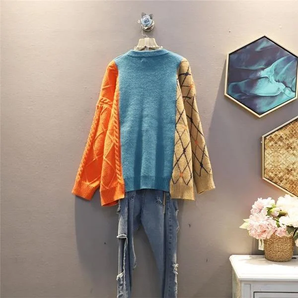 oversized t-shirts for women -Women Patchwork Pleated Goddess Fan Full Sleeve 2020 Winter Elegant Loose Sweater