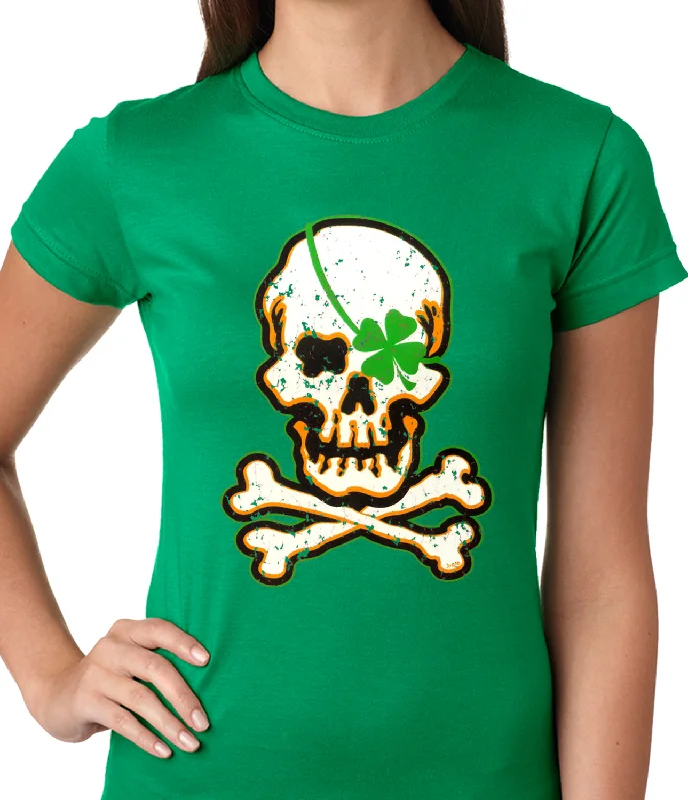 soft fabric tops for women -Irish Shamrock Skull and Crossbones Girls T-shirt