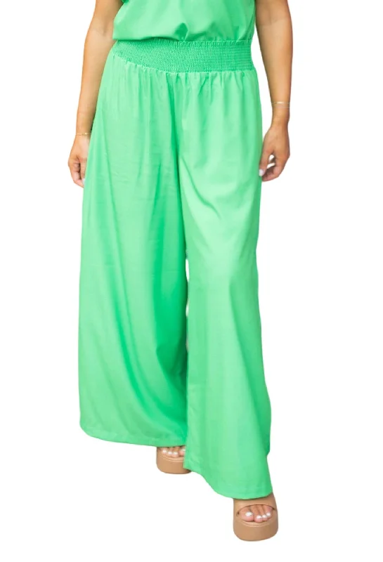 ruched pants for women -Smocked Waist Pull-On Pant In Happy Green