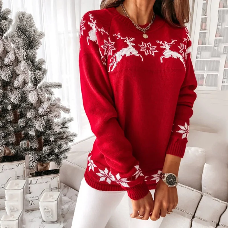 women's cotton t-shirts -Elk Snowflake Christmas Sweater for Casual Autumn Winter Wear