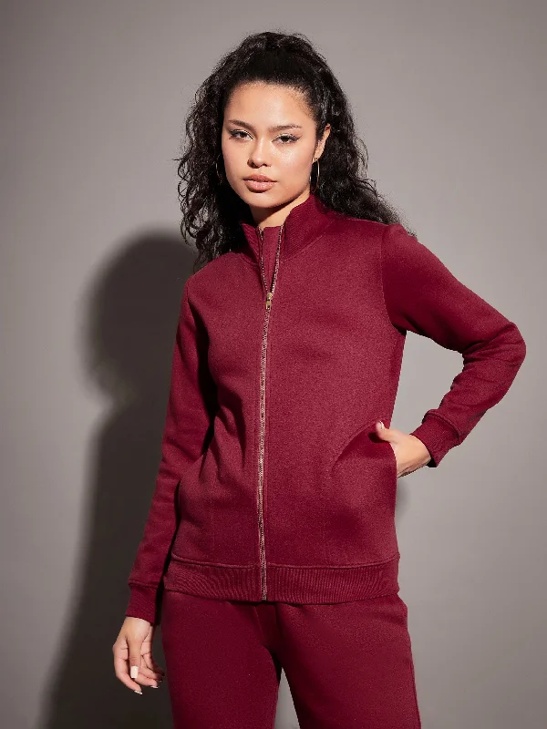 women's double-breasted coats -Women Maroon Fleece Zipper Jacket