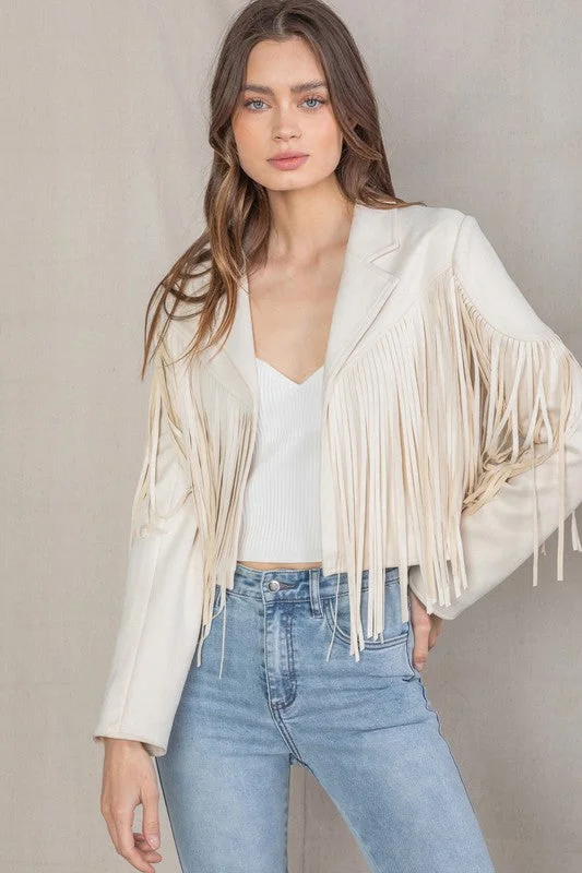 long trench coats for women -Ivory Cream Faux Leather Suede Fringe Cropped Western Boho Moto Jacket Women's