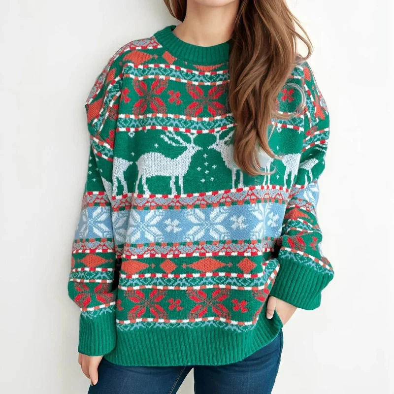 tie-front tops for women -Vintage Oversized Deer Knitted Christmas Sweater