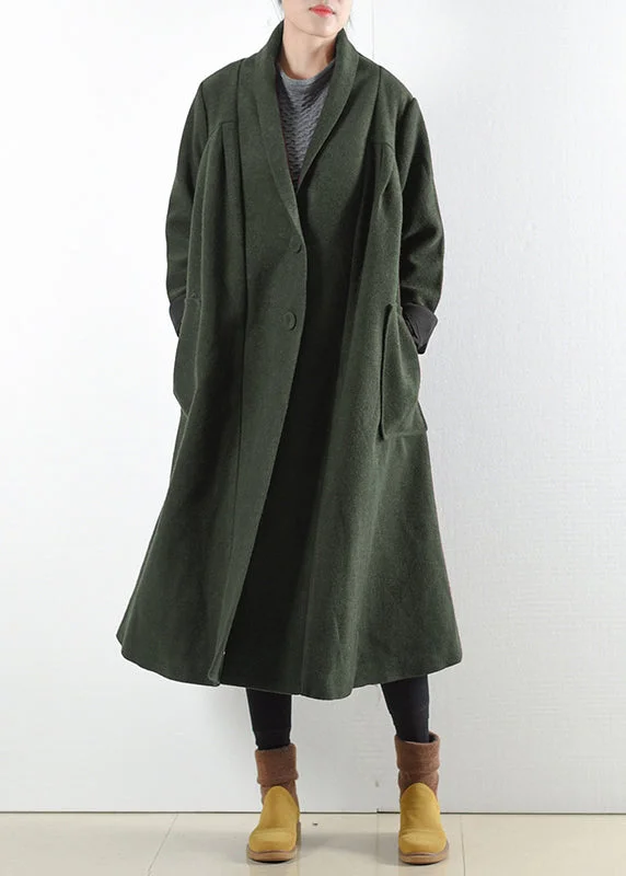 casual outerwear for women -Elegant Green Notched Button Pockets Woolen Trench Coats Long Sleeve