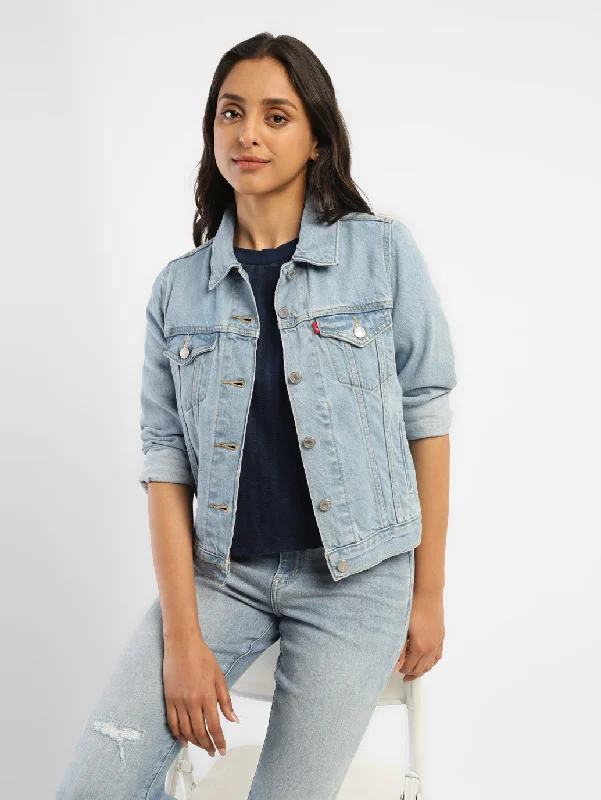 women's sherpa jackets -Women's Solid Blue Spread Collar Denim Jacket