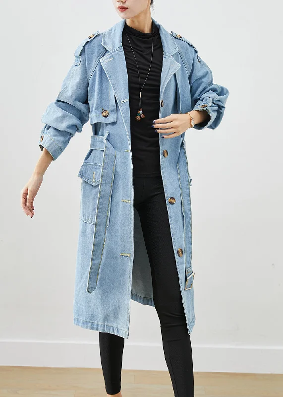 soft shell jackets for women -Italian Light Blue Notched Tie Waist Denim Trench Coat Fall