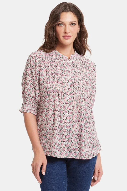 lightweight summer tops for women -Pleated Short Sleeved Blouse - Woodland Blooms