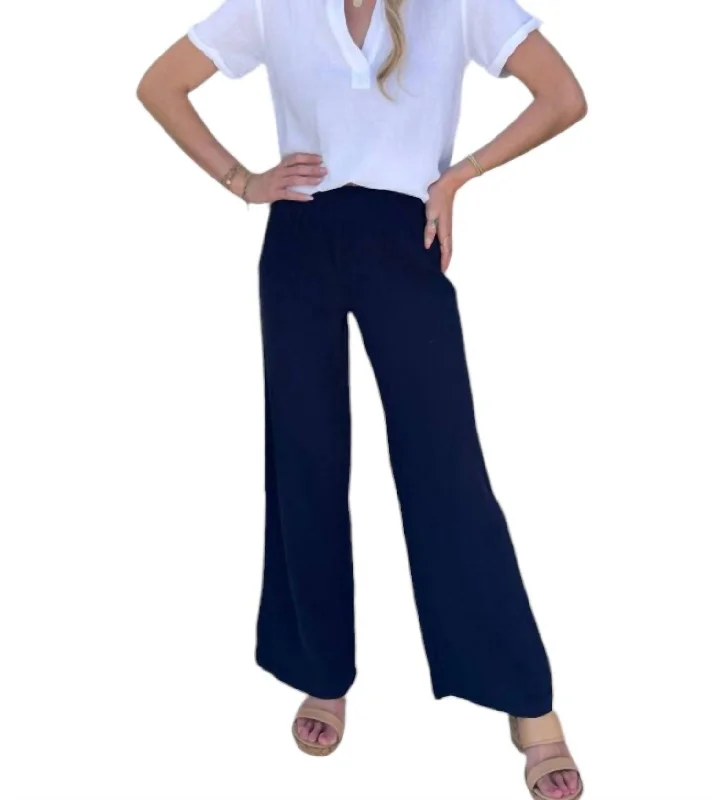 women's chino pants -Smocked Waist Wide Leg Pants In Navy