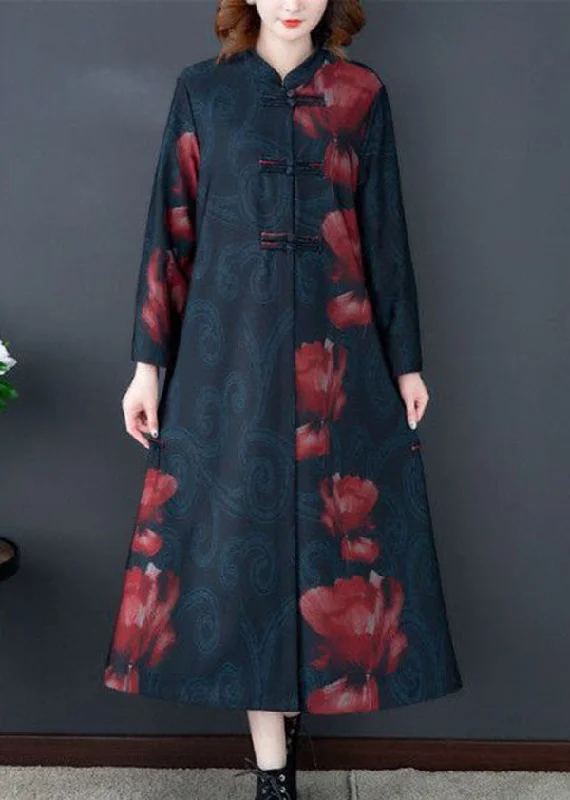 puffer vests for women -Red Print Silk Long Trench Coats Stand Collar Oriental Button Long Sleeve