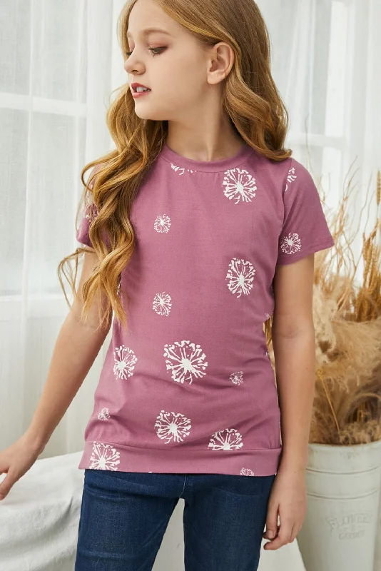 women's lace tops -Girls Dandelion Print Round Neck Tee