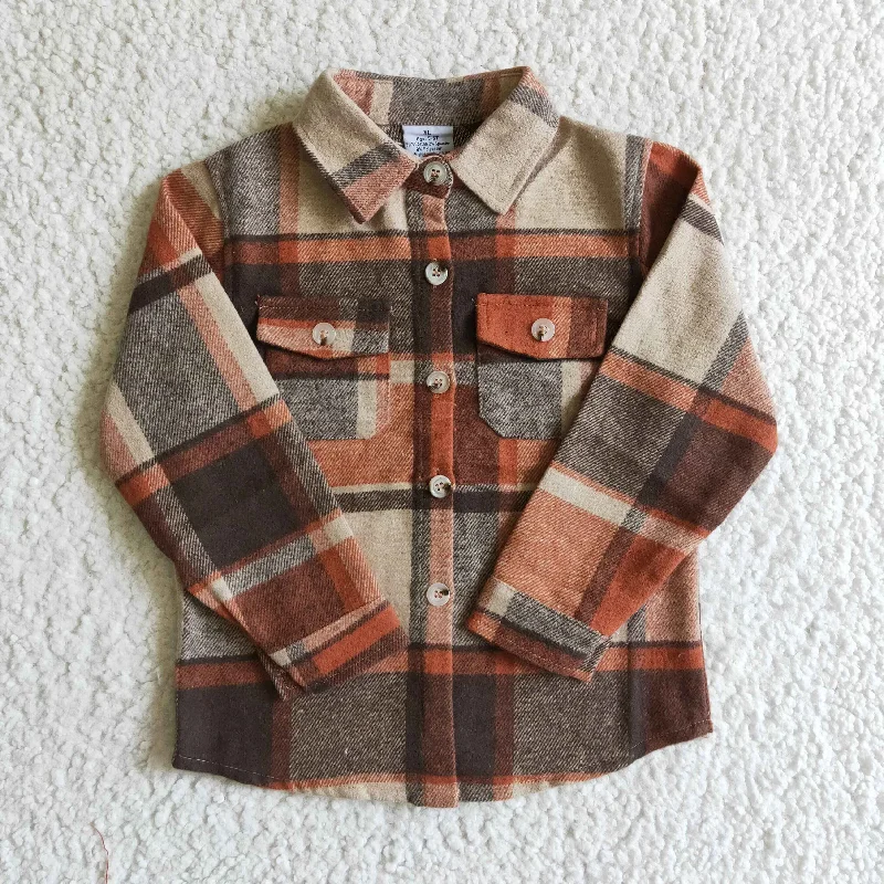 women's long sleeve blouse -Brown Red Plaid T-shirt