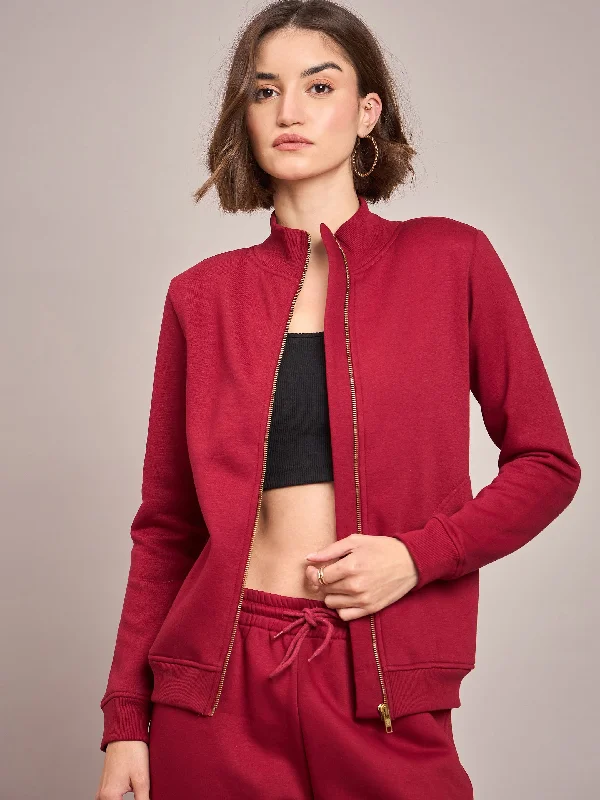 high collar coats for women -Women Maroon Fleece Zipper Jacket