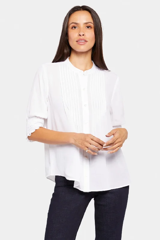 draped tops for women -Pleated Short Sleeved Blouse - Optic White