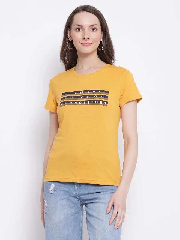 tie-front tops for women -Women's Casual Regular Short Sleeve Mustard Round neck Typographic Print T-Shirt