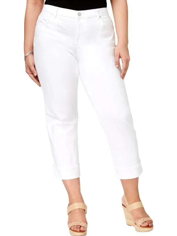 urban style pants for women -Plus Womens Cuffed Mid-Rise Capri Jeans