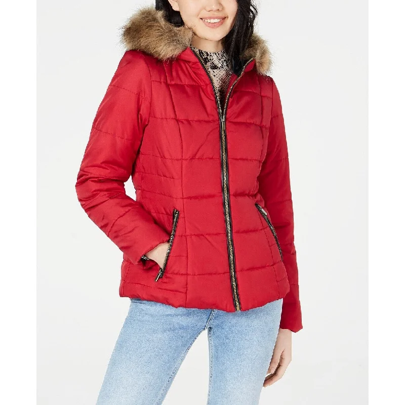 women's leather jackets -Celebrity Pink Juniors' Puffer Coat With Faux Fur Trim Hood Red Size Small