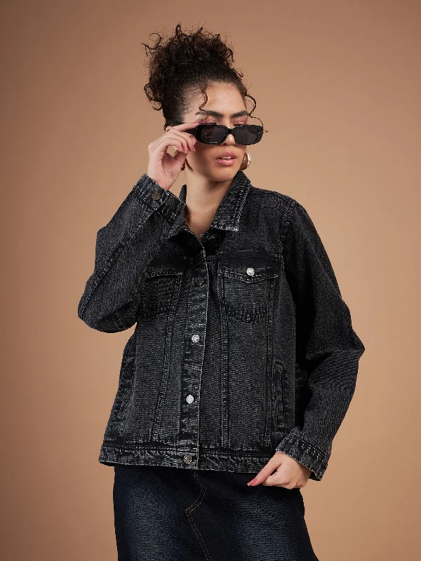 modern trench coats for women -Women Black Washed Denim Regular Jacket