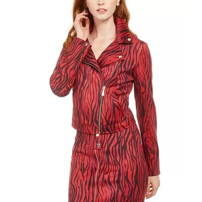 thick fleece coats for women -GuessWomen's Kingdom Stripe Print Moto Jacket Red Size Medium