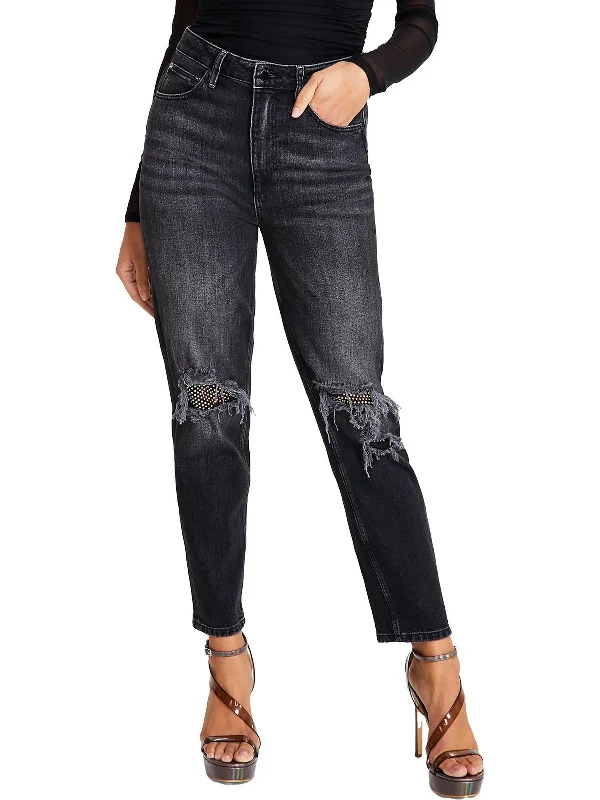 ankle-length trousers for women -Womens Five Pocket Rip Mom Jeans