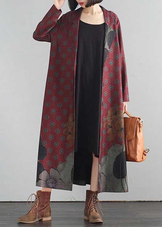 reversible jackets for women -Elegant Red V Neck Print Button Maxi Trench Coats Fall