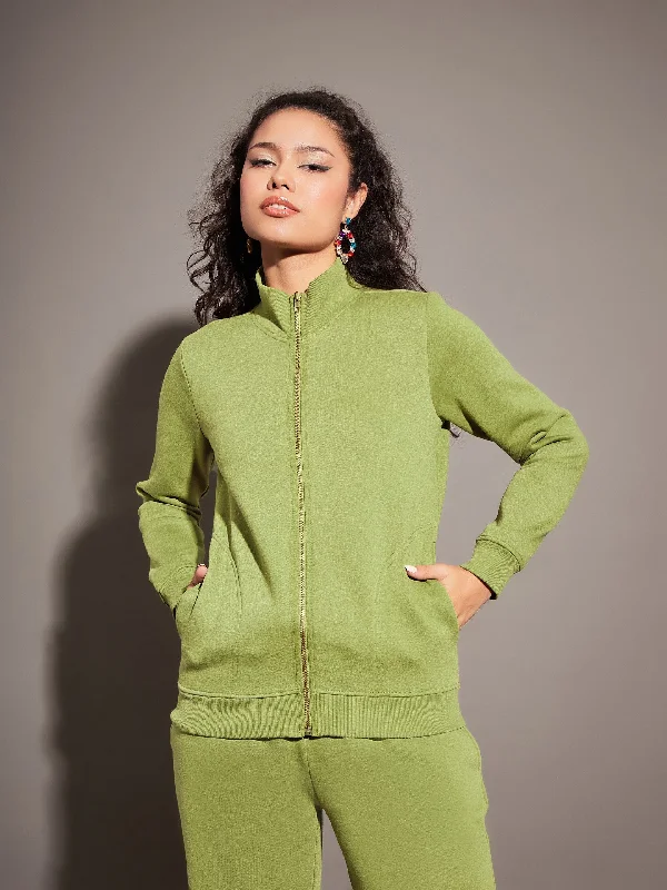 women's hooded coats -Women Olive Fleece Zipper Jacket