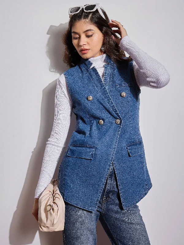 women's denim jackets -Women Blue Denim Flap Pocket Sleeveless Jacket