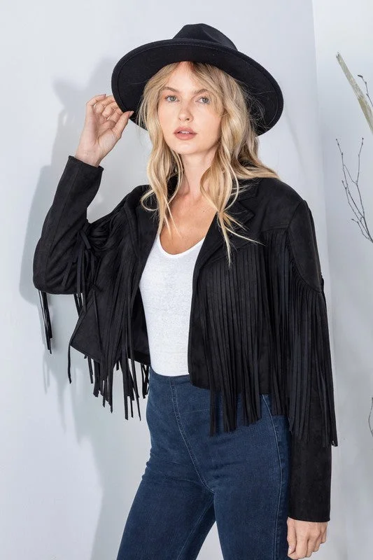 trendy coats for women -Black Faux Leather Suede Fringe Cropped Western Boho Moto Jacket Women's