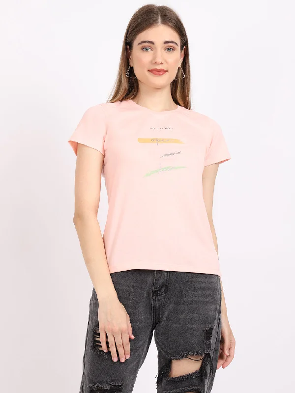 soft touch blouses for women -Women's Casual Regular Short Sleeve Pink Round neck Typographic Print T-Shirt