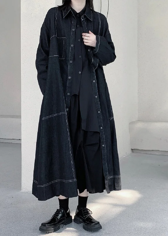 thermal coats for women -Unique Dark Blue Peter Pan Collar Patchwork Pockets Maxi Denim Trench Coats Long Sleeve