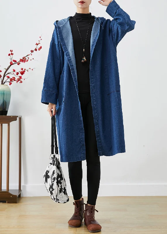 patchwork coats for women -Casual Navy Hooded Oversized Cotton Trench Coats Fall