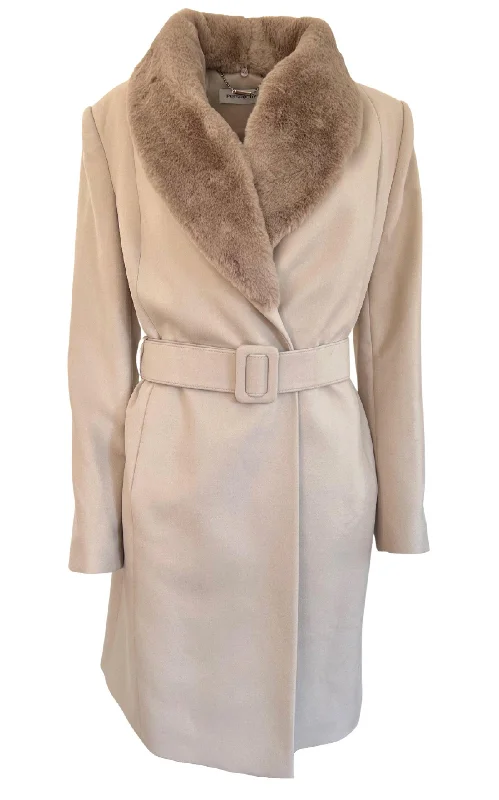 stylish outerwear for ladies -Faux Fur Collar Wrap Trench Coat