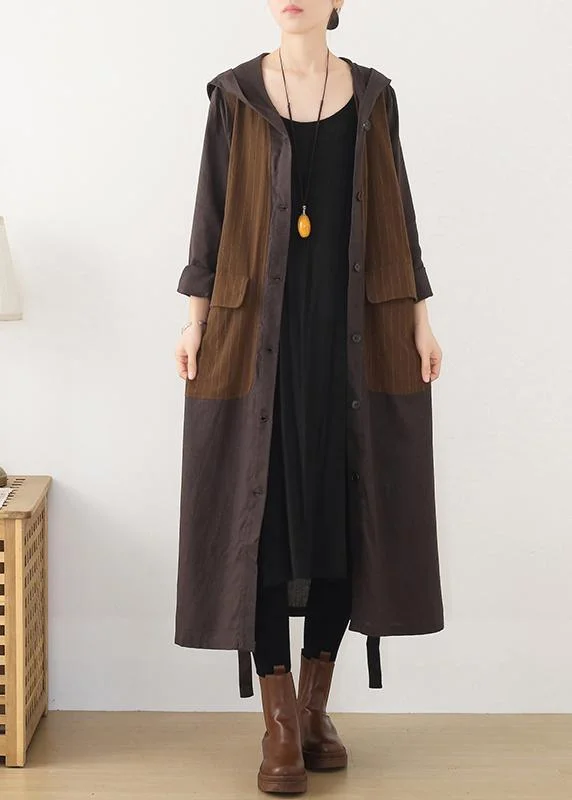 winter parkas for women -Beautiful hooded Plus Size striped trench coat chocolate cotton women coats