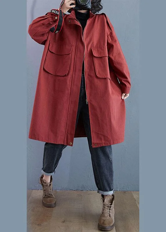 short jackets for women -Chic Red Stand Collar Zippered Pockets Fall Long Sleeve Trench Coats