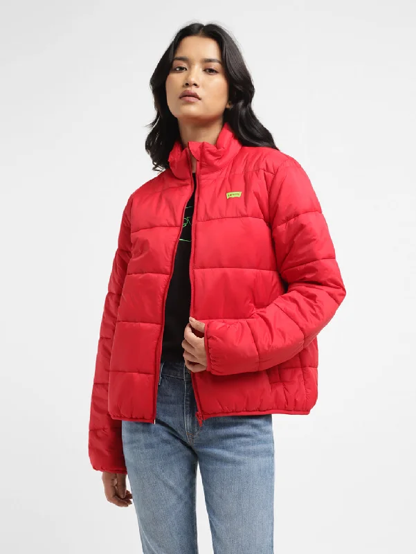 classic pea coats for women -Women's Solid Red High Neck Quilted Jacket